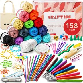 CRAFTISS Crochet Kit for Beginners, 158 Pieces with 16 Colors of Acrylic Yarn Skeins, 1300 Yards Total – Learn to Crochet All-in-One Starter Crochet Set for Adults Beginner
