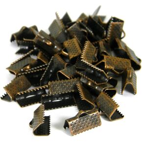 50 Textured Antique Copper Plated Flat Ribbon Crimp Clamp End Jewelry Findings with Teeth and Loop for Clasps (13mm (1/2 inch) Long)