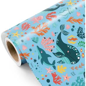 WRAPAHOLIC Ocean Wrapping Paper Roll - Mini Roll - 17 Inch x 9.8 Feet - Octopuses Fish Design for Boys Girls Kids Birthday, Baby Shower