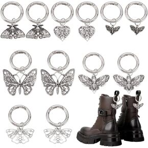 PH PandaHall 12pcs 6 Styles Gothic Punk Shoe Charms, 1.7~2.4'' Buttetrfly Heart Shoe Charms Alloy Boot Pendants Shoelace Charms with Spring Gate Rings for Sneaker Boots Sandal Halloween, Platinum