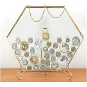 Coin Display Stand with Gold Border, Coin Display Stand, Wall + Iron Shelf Coin Collector's Stand, Dollar Collector's Stand for Coin Collectors, Glass Savings Jar (Hexagon)
