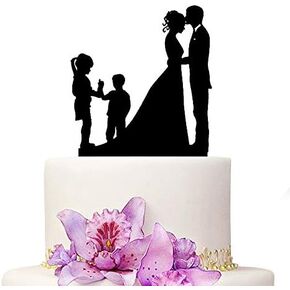 Wedding Cake Topper - Bride and Groom With 2 Children Family Black Color Acrylic Silhouette Anniversary Cake Topper
