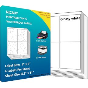4 Up Glossy White Waterproof Shipping Address Labels, 60 Labels 4" x 5" Printable Vinyl Sticker Labels for Inkjet or Laser Printer