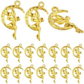 BronaGrand 60pcs Fairy on Moon Charms Alloy Angel Charms Jewelry Charms Pendants Earring Charms for Necklace DIY Jewelry Making Supplies,6 Colors