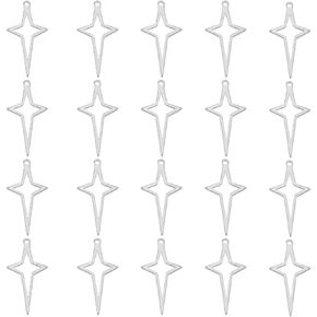 SUNNYCLUE 1 Box 80Pcs 4 Point Star Charms Stars Charm Bulk Hollow Stainless Steel Silver Satellite Celestial Planet Christmas Star Charm for Jewelry Making Charms Women DIY Necklace Earring Crafts