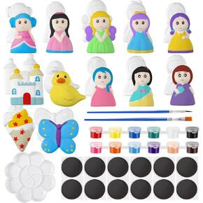 27 Pcs Arts and Crafts Set Painting Kit for Kids Include 12 Unpainted DIY Ceramic Figurines Paint Your Own Figurines with 12 Magnet 2 Brushes and 1 Palette Ceramic Painting Kit for Toddler (Princess)