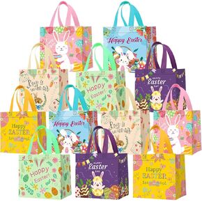 12Pack Easter Gift Bags with Handles, Easter Egg Hunt Bags, Reusable Non-Woven Easter Bags, Easter Bunny Bag, Easter Tote Bags for Kids Classroom, Egg Hunt Game, Easter Party Favors 8.3"×7.9"×5.9"