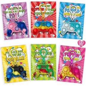 Valentines Cards for Kids Classroom, 24 Packs Game Shape Pop Fidget Keychains Bulk, Class Valentines Gifts for Kids, School Exchange Prizes & Party Favors for Boys Girls