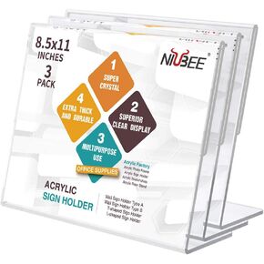 Niubee Acrylic Sign Sign Holder 8.5x11 inches 3 Pack Plack Mandscape ، إطارات الورق الواضحة المائلة ، حامل مشاركة بلاستيكية ، طاولة قائمة المستندات للمكتب ، المتجر ، مطعم -Horizontal