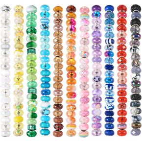 KISSITTY Large Hole Beads for Pen Making Garden Stakes 220pcs European Spacer Beads for Jewelry Making Assorted Colorful Craft Beads for Beaded Key Chains Bangle Bracelets Necklaces