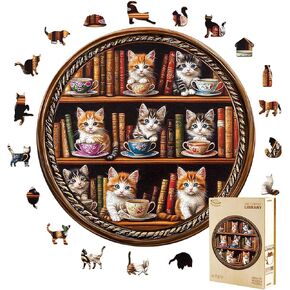 Wooden Puzzles for Adults - Cat Coffee Library Puzzle, Unique Shape Wooden Jigsaw Puzzle for Adults, Wood Puzzles Adult, for Cat Lovers (S- 8.5 * 8.5in- 100 Pieces)