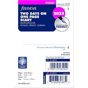 Filofax Calendar Diary Refill, Pocket Size, Two Days on One Page, White Paper, Unruled, Trilingual, 2025 (C68223-25)