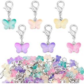PH PandaHall 60pcs Glass Butterfly Charms, Colorful Clip-on Charms Dangle Badge Charm Stitch Marker Charm with Clasps Transparent Butterfly Pendants for Knitting DIY Earrings Necklace Jewelry Crafts