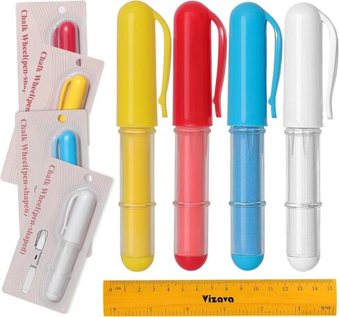 Fabric Chalk Markers for Sewing,Quilting,Crafting|Erasable Tailor Chalk|Work on Various Fabrics|Dosing Wheel Drawing Intricate Patterns Precise Lines-Per Pack(Red,Yellow,Blue,White and 1Ruler) in Saudi Arabia