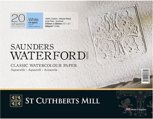 St. Cuthberts Mill Saunders Waterford Watercolor Paper Block - 12x9-inch White 100% Cotton Watercolor Paper - 20 Sheets of 140lb Cold Press Watercolor Paper for Gouache Ink Acrylic Charcoal and More in Kuwait