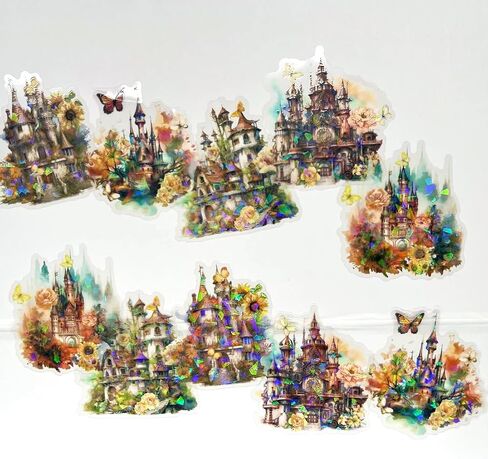 10pcs PET Transparent Watercolor Castle Flower Stickers Decals Bulk for Water Bottles Scrapbooking Journaling Door Firefighters Cars Resin Glass Cups Envelopes (Yellow Sunflower Castle) in Saudi Arabia