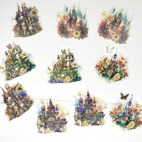 10pcs PET Transparent Watercolor Castle Flower Stickers Decals Bulk for Water Bottles Scrapbooking Journaling Door Firefighters Cars Resin Glass Cups Envelopes (Yellow Sunflower Castle) in Saudi Arabia