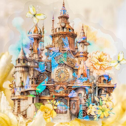 10pcs PET Transparent Watercolor Castle Flower Stickers Decals Bulk for Water Bottles Scrapbooking Journaling Door Firefighters Cars Resin Glass Cups Envelopes (Yellow Sunflower Castle) in Saudi Arabia