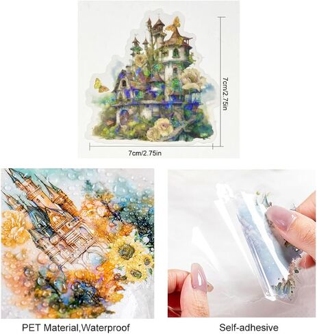 10pcs PET Transparent Watercolor Castle Flower Stickers Decals Bulk for Water Bottles Scrapbooking Journaling Door Firefighters Cars Resin Glass Cups Envelopes (Yellow Sunflower Castle) in Saudi Arabia