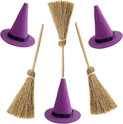 Mini Witch Hat with Mini Broom Miniature Straw Brooms for Halloween Party Craft Witches Decoration (Purple) in Kuwait