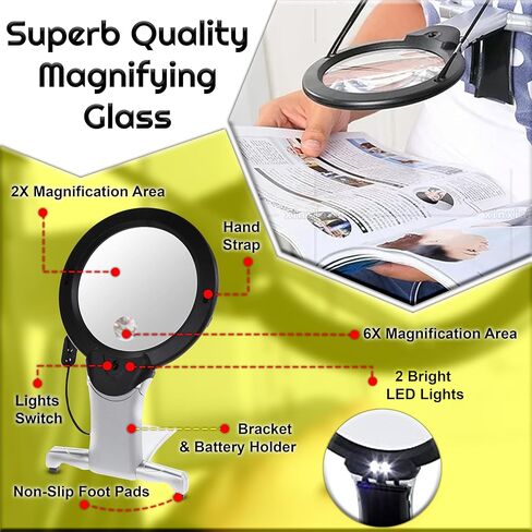 ARSUK Magnifying Glasses with Light, Hands-Free Neck Magnifier for Reading Sewing Cross Stitching Needlework Crafts Hobby Jewelry Repair, 2X 6X Magnification Hanging Cord & Desk Stand in Kuwait