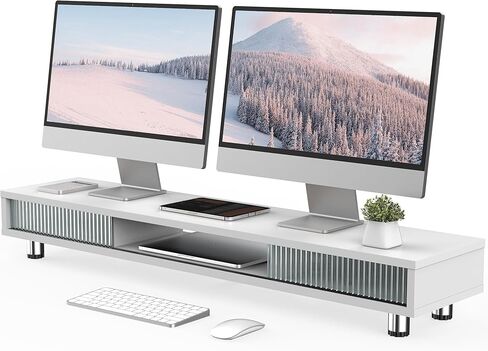 Fenge Dual Monitor Stand, 42.5inch Long Monitor Stands Riser for 2 Monitors, Sliding Door with Storage Organizer Stand for Desk, 2 Tier Desk Shelf for Laptop, Pc, Printer, Computer, TV in Saudi Arabia