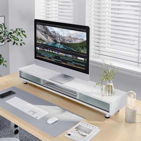Fenge Dual Monitor Stand, 42.5inch Long Monitor Stands Riser for 2 Monitors, Sliding Door with Storage Organizer Stand for Desk, 2 Tier Desk Shelf for Laptop, Pc, Printer, Computer, TV in Saudi Arabia
