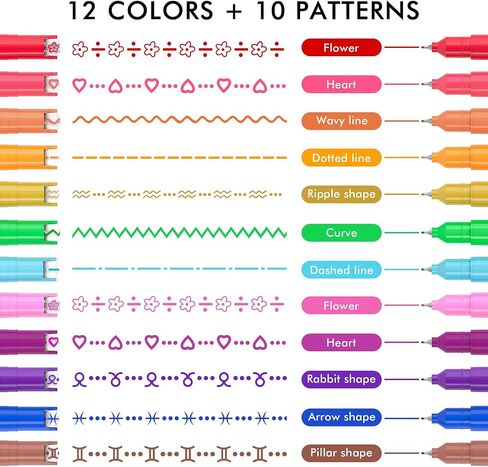 12 Colored Curve Highlighter Pen Set, 10 Different Shapes Dual Tip Markers Cool Pens for Journal Planner Scrapbook Art Office School Supplies for Kids Adults Journaling Drawing Note Taking in Saudi Arabia