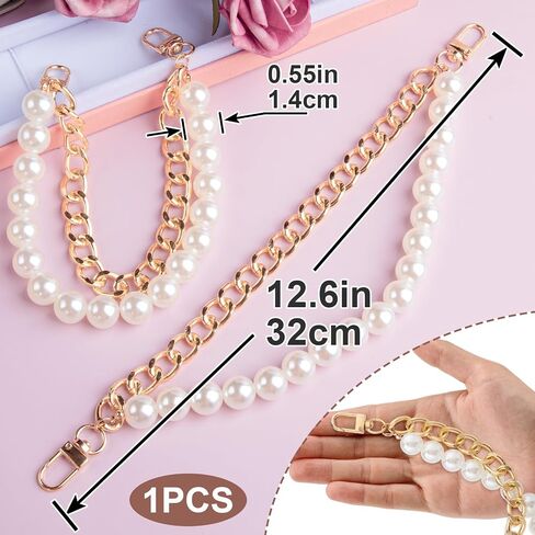 Isslly 1PCS Pearl Purse Extender Chain, Silver Bag Charm Handle, 10 mm Pearl Short Straps Replacement Decoration for Crossbody Bags, Handbags, Accessories for Bags with Metal Buckles in Kuwait