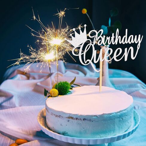 Queen Birthday Cake Topper Happy Birthday Cake Bunting Decor, Birthday Cake Picks Party Decoration Supplies for Lady Girl Women- Silver Glitter in Saudi Arabia