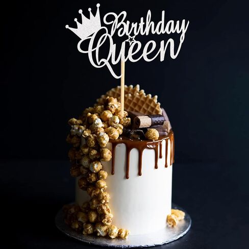 Queen Birthday Cake Topper Happy Birthday Cake Bunting Decor, Birthday Cake Picks Party Decoration Supplies for Lady Girl Women- Silver Glitter in Saudi Arabia