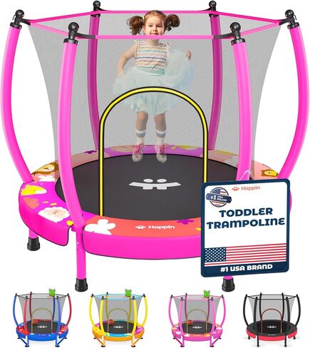 Happin® 55" Toddler Trampoline Indoor & Outdoor Playset, 5FT Kids Trampoline, Ultra Safe Mini Trampoline for Kids with Safety Enclosure Net, Gifts for Birthday with Basketball Hoop in Kuwait