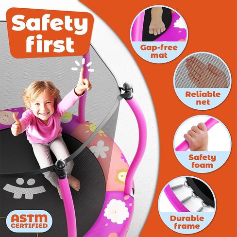 Happin® 55" Toddler Trampoline Indoor & Outdoor Playset, 5FT Kids Trampoline, Ultra Safe Mini Trampoline for Kids with Safety Enclosure Net, Gifts for Birthday with Basketball Hoop in Kuwait