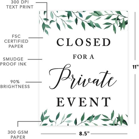 Andaz Press Wedding Party Signs, Natural Greenery Green Leaves, 8.5x11-inch, Closed for a Private Event, 1-Pack in Kuwait