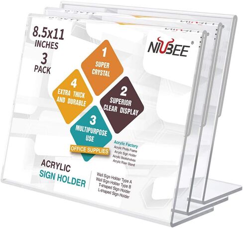 Niubee Acrylic Sign Sign Holder 8.5x11 inches 3 Pack Plack Mandscape ، إطارات الورق الواضحة المائلة ، حامل مشاركة بلاستيكية ، طاولة قائمة المستندات للمكتب ، المتجر ، مطعم -Horizontal in Kuwait