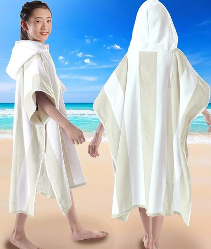 VOOVA & MOVAS منشفة الشاطئ بغطاء للرأس للأطفال الكبار | رداء منشفة بونشو كبير (8-16 سنة) مصنوع من القطن ناعم وذو قدرة على الامتصاص لحمام السباحة والسباحة والحمام، مخطط بلون أسمر كابانا in Kuwait