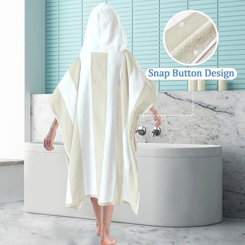 VOOVA & MOVAS منشفة الشاطئ بغطاء للرأس للأطفال الكبار | رداء منشفة بونشو كبير (8-16 سنة) مصنوع من القطن ناعم وذو قدرة على الامتصاص لحمام السباحة والسباحة والحمام، مخطط بلون أسمر كابانا in Kuwait