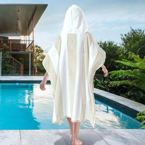 VOOVA & MOVAS منشفة الشاطئ بغطاء للرأس للأطفال الكبار | رداء منشفة بونشو كبير (8-16 سنة) مصنوع من القطن ناعم وذو قدرة على الامتصاص لحمام السباحة والسباحة والحمام، مخطط بلون أسمر كابانا in Kuwait