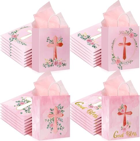 Thenshop 24 Pack Christian Gift Bags with Tissue Paper Baptism First Communion Gifts Bag Christening Religious Party Bag Cross God Bless Bag with Handle for First Communion Baptism Church Party Favor in Saudi Arabia