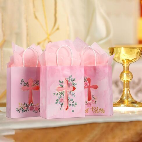 Thenshop 24 Pack Christian Gift Bags with Tissue Paper Baptism First Communion Gifts Bag Christening Religious Party Bag Cross God Bless Bag with Handle for First Communion Baptism Church Party Favor in Saudi Arabia