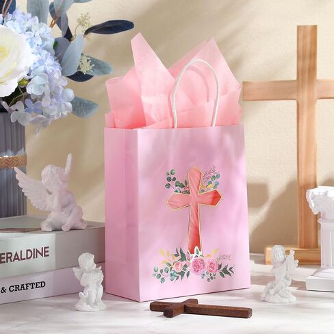 Thenshop 24 Pack Christian Gift Bags with Tissue Paper Baptism First Communion Gifts Bag Christening Religious Party Bag Cross God Bless Bag with Handle for First Communion Baptism Church Party Favor in Saudi Arabia