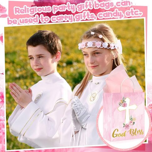 Thenshop 24 Pack Christian Gift Bags with Tissue Paper Baptism First Communion Gifts Bag Christening Religious Party Bag Cross God Bless Bag with Handle for First Communion Baptism Church Party Favor in Saudi Arabia