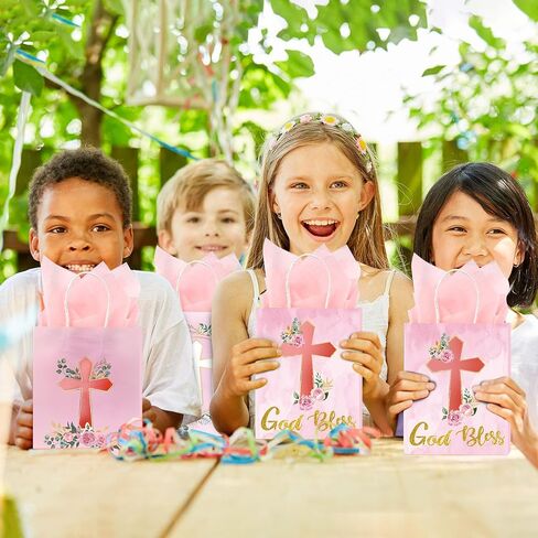 Thenshop 24 Pack Christian Gift Bags with Tissue Paper Baptism First Communion Gifts Bag Christening Religious Party Bag Cross God Bless Bag with Handle for First Communion Baptism Church Party Favor in Saudi Arabia