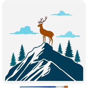 FINGERINSPIRE Deer on Hilltops Painting Stencil 11.8x11.8inch Animal Deer Template with Paint Brush Plastic PET Trees Clouds Mountains Stencil for Painting Animal Theme Template for DIY Home Decor