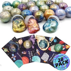 28 Pack Valentine Cards for Kids Classroom with Galaxy Slime Balls, Space-Themed Best Firend Valentine Day Gifts for Kids Preschool, Party Favors, Valentine Smile for Classroom Gifts Activitie