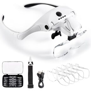 Magnifying Glasses with Light for Close Work, Rechargeable and Hands Free Headband Magnifier, Optivisor for Jewelers, Eyelash, Watch Repair or Cross Stitch