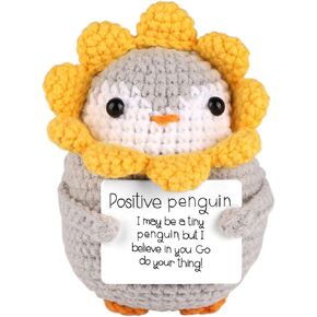 TOYMIS Positive Penguin, Height 3.35in Mini Crochet Sunflower Penguin Hug Animals Cute Knitted Potato Positive Dolls Plush with Positive Card for Birthday Party Christmas Encouragement Cheer Up Gifts