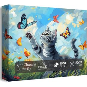 Cat Puzzles for Adults 1000 Pieces, Butterfly Cats Flower Jigsaw Puzzles, Animal Cute Kitten Challenging Puzzle as Wall Decor