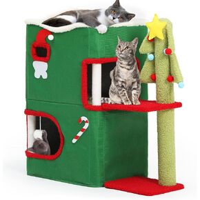 YITAHOME Christmas 2-Tier Cat House, Indoor Cat Cave Bed Playhouse, Covered Cat Beds & Furniture with Scratch Pad and Hideaway Cave,Christmas Cute Modern Cat Condo Furniture for Multi Small Cats