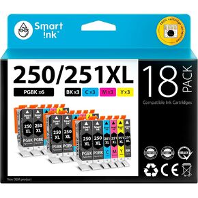 Smart Ink Compatible Ink Cartridge Replacement for Canon PGI 250 PGI-250 XL CLI 251 CLI-251 (6PGBK &3BK/C/M/Y 18 Pack Combo) for Pixma MG5420 MG5422 MG5520 MG5522 MG5620 MG6620 iP7220 iX6820 MX722
